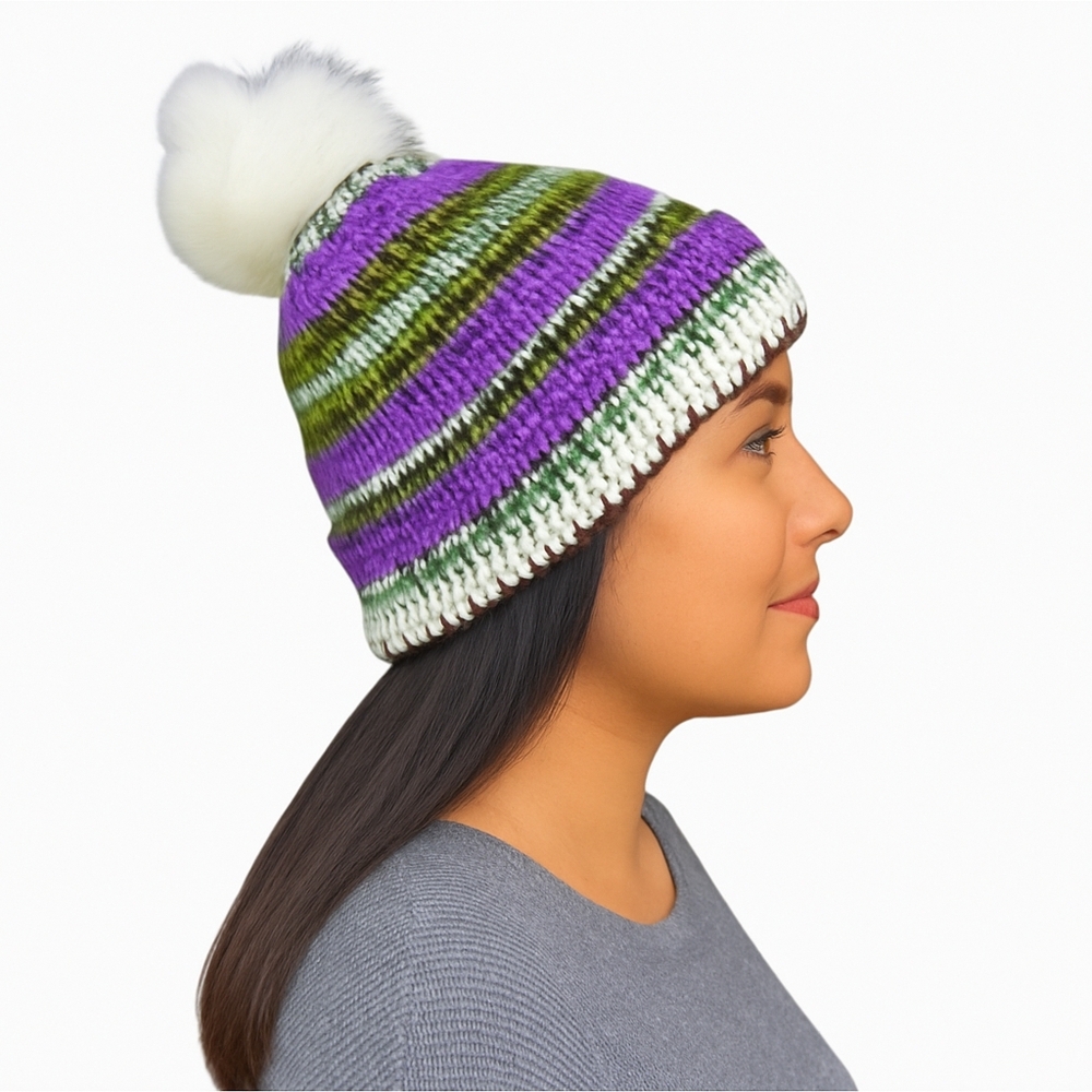 Hand Knit Cozy Faux Fur Pom Pom Toque Adult Size